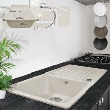 Aquamarin - Fregadero de Cocina - de Granito, con 1 Seno y Escurridor Reversible, Set de Desagüe, 76 x 46 cm, Integrado o Empotrado, Beige - Lavabo