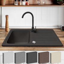 Aquamarin - Lavandino in Granito - Vasca con Gocciolatoio + Kit di Scarico + Sifone + Rubinetto, 75,9 x 45,9 cm, Reversibile, Nero - Lavello ad