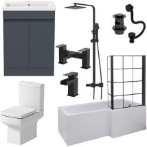 Complete Bathroom Suite Black rh Shower Bath Screen Vanity Basin Toilet 1700mm - Aquari
