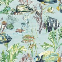 Grandeco - Aquarium Teal Wallpaper Watercolour Fish Jellyfish Sea Life Creatures