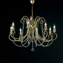 Araña de hierro dorado ocho luces con pedrería 74x h58 cm