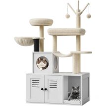 Arbre à Chat avec Maison de Toilettes,Tour de Jeu Moderne 2-en-1, Niche pour Chat de avec Chache-litière, Poteaux à Griffer,blanc