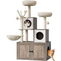 Arbre à Chat avec Maison de Toilettes,Tour de Jeu Moderne 2-en-1, Niche pour Chat de avec Chache-litière, Poteaux à Griffer,gris