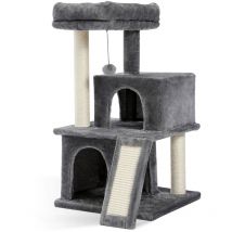 Pawz Road - Petit Arbre à Chat avec 2 Condos Douillets, Perchoir Moelleux, Griffoir et Poteaux en sisal & Pompons Suspendus, 86 cm, Gris
