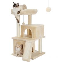 Pawz Road - Petit Arbre à Chat avec 2 Condos Douillets, Perchoir Moelleux, Griffoir et Poteaux en sisal & Pompons Suspendus, 86 cm, Beige