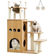 Pawz Road - Arbre à Chat en Bois de 2 Etages avec Griffoirs, Capsules Acrylique et Pompon,108cm, Beige