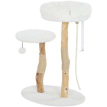 Arbre à chat style bohème chic H.85 cm plateforme panier observation corde boule bois naturel effet laine bouclée