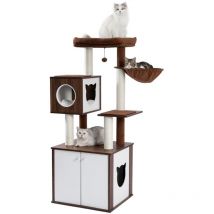 Pawz Road - Grand Arbre à Chat xxl en Bois Deluxe avec Cabinet, Bac à Litière, Poteau Griffoir Luxeux, 150cm, Marron