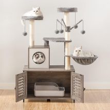 Arbre à Chat avec Maison de Litière pour Chat, Maison pour Chat en Bois avec Tour à Chat, Bâton de Chat taquin à Pompon Amovible, Piliers en Sisal