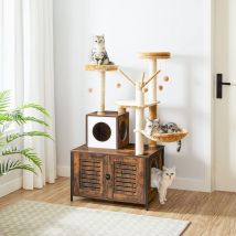 Arbre à Chat avec Maison de Litière pour Chat, Maison pour Chat en Bois avec Tour à Chat, Bâton de Chat taquin à Pompon Amovible, Piliers en Sisal
