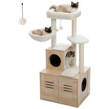 Arbre à Chat en Bois avec Maison de Litière, Meuble d'intérieur pour Chat Tout-en-Un avec Grande Plateforme, Niche, Tapis Lavables, Hamac, 127cm,