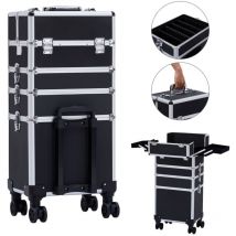AREBOS 4 in 1 Cosmetic Case 4 Compartments & 1 Drawer Telescopic and Carrying Handle 8 Locks 4X 360° Wheels Velvet Lining Trolley Make-Up Case