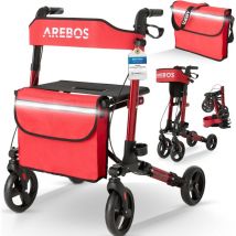 Déambulateur Rouge 4 Roues Déambulateur Pliable/Rollator Assise et dossier/max. 136 kg Réglable en hauteur avec Sac à Provisions - Arebos