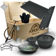 Arebos - Dutch Over bbq Set en fonte avec caisse en bois, gants protection inclus