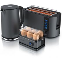 Arendo - 3-teiliges Frühstücksset - Wasserkocher 1,5l, 4-Scheiben Toaster, 6er Eierkocher, Grau