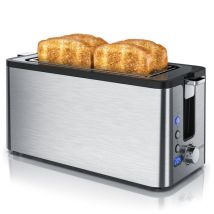 Edelstahl Toaster Langschlitz 4 Scheiben - Defrost Funktion - Wärmeisolierendes Gehäuse - Mit Integrierten Brötchenaufsatz - Krümelschublade - Arendo