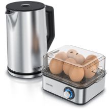 Arendo - Frühstücks-Set, 8er Eierkocher eightcook, Wasserkocher mit Temperatureinstellung, Silber
