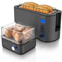 Arendo - Frühstücks-Set, 8er Eierkocher + Langschlitz Toaster für 4 Scheiben, Grau