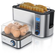 Arendo - Frühstücksset 2-teilig, 4-Scheiben Langschlitztoaster, 8er Eierkocher, Silber