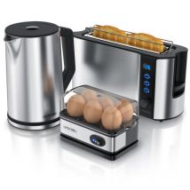 Arendo - Frühstücksset 3-teilig, 2-Scheiben Toaster, 6er Eierkocher, Wasserkocher 1,5L, Silber