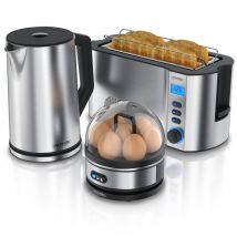 Arendo - Frühstücksset, Wasserkocher 1,5l, 4-Scheiben Langschlitztoaster, 7er Eierkocher sevencook, Silber