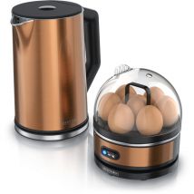 Arendo - Frühstücksset, Wasserkocher elegant mit Eierkocher sevencook Edelstahl Kupfer, Wasserkocher 1,5L, Eierkocher 1-7 Eier, Messbecher