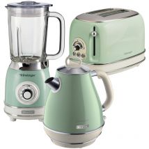 Ariete ARPK23 Retro Style Jug Kettle, 2 Slice Toaster & Jug Blender Set, Vintage Design, Green