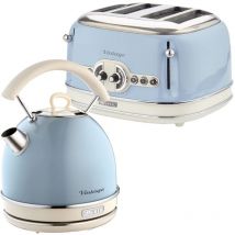 Ariete ARPK41 Retro Style Dome Kettle and 4 Slice Toaster Set, Vintage Design, Blue, Stainless Steel