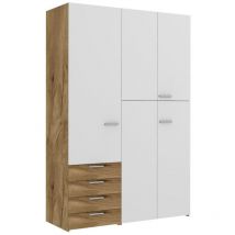 ARM4 - Armoire à portes battantes avec tringle à vêtements, étagères et tiroirs L.150 h 225,8 p 58,2 - Blanc et chêne