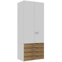 ARM6 - Armoire avec tiroirs, étagères et tringle à vêtements l 90 h 225,8 p 58,2 - Blanc et chêne