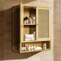 Armadietto Bagno Pensile in Bambù da Parete Mobile Salvaspazio Cucina con 2 Ante Ripiano Regolabile 59x20,5x66,5cm