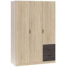 Guardaroba, Armadio per camera da letto a 3 ante e 3 cassetti, Mobile con barra appendiabiti e 3 ripiani, cm 121x52h180, Rovere e Ossido