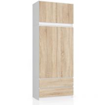 Akord - Armario S90 con altillo Blanco 90 cm 2 puertas 2 cajones frente en color Roble Sonoma 6 estantes 90x51x234 cm