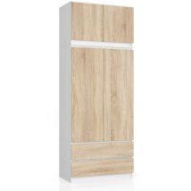 Akord - Armario S90 con altillo Blanco 90 cm 2 puertas 2 cajones frente en color Roble Sonoma 6 estantes 90x51x234 cm
