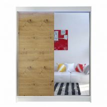 Armario Atlanta 140, Blanco + Roble Artisan, 200x150x58cm, Puertas de armario: Correderas, LED