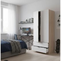 Armario 2 puertas Burbank, armario para dormitorio con 2 cajones, Armario con barra para ropa, 82x52h180 cm, Blanco y Roble