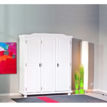 Armario de tres puertas batientes con baldas interiores en pino macizo, color blanco, 150 x 180 x 56 cm.