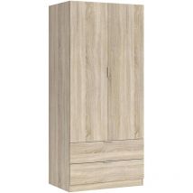 Guardarropa Burbank, Armario dormitorio con 2 puertas y 2 cajones, Muebles de dormitorio con perchero, cm 81x52h180, Roble