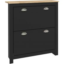 Armoire à chaussures 2 portes abattantes 2 compartiments poignées coquilles métal mdf noir chêne clair