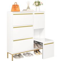 Yoleo - Armoire à chaussures surface brillante avec tabouret à langer,3 étagère à chaussures à rabats + étagère ouverte,105x115.5x25cm,Blanc