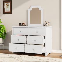 Ohjijinn - Armoire à miroir, commode, meuble 6 tiroirs, miroir amovible, espace de rangement dans le salon et la chambre, patins silencieux, mdf +