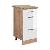 Meuble cuisine R-Line, Blanc Haute brillance, 40 cm avec tiroirs, pt Chêne Vicco
