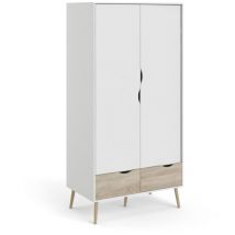 Armoire - Blanc / Chene - 2 portes / 2 tiroirs - Pietement évasé en bois massif - Chambre - 98,7 x 58,1 x 200,1 cm Tvilum