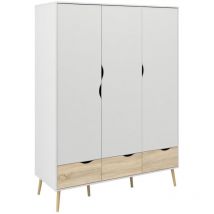 Tvilum - Armoire - Blanc / Chene - 3 portes / 3 tiroirs - Pietement évasé en bois massif - Chambre - 147,2 x 58,1 x 200,1 cm