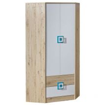 Mobilier1 - Armoire d'angle Tolfere 102, Chêne clair + Blanc + Turquoise, 190x87x87cm, Portes d'armoire: Avec des charnières, Nombre d'étagères: 0
