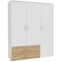 Armoire de chambre - Blanc mat / Chene artisan - 3 portes et 2 tiroirs - 152,8 x 52,7 x 190,8 cm