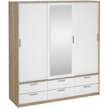Armoire de chambre - ONTARIO - Blanc brillant / Chene - 3 portes - 6 tiroirs - 181,4 x 60,25 x 200 cm