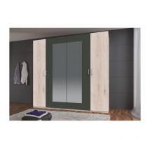 Armoire de chambre - RHODES - Chene Hickory / Rechampis graphite - 4 portes - 2 miroirs - 225 x 58 x 208 cm