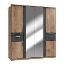 Wimex - Armoire de chambre - volos - Chene poutre / Graphite - 6 portes - 2 portes miroirs - 4 tiroirs - 180 x 58 x 199 cm