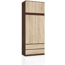 Armoire avec surmeuble Akord S90 Wengé 90 cm 2 portes 2 tiroirs façade Chêne Sonoma 6 étagères 90x51x234 cm
